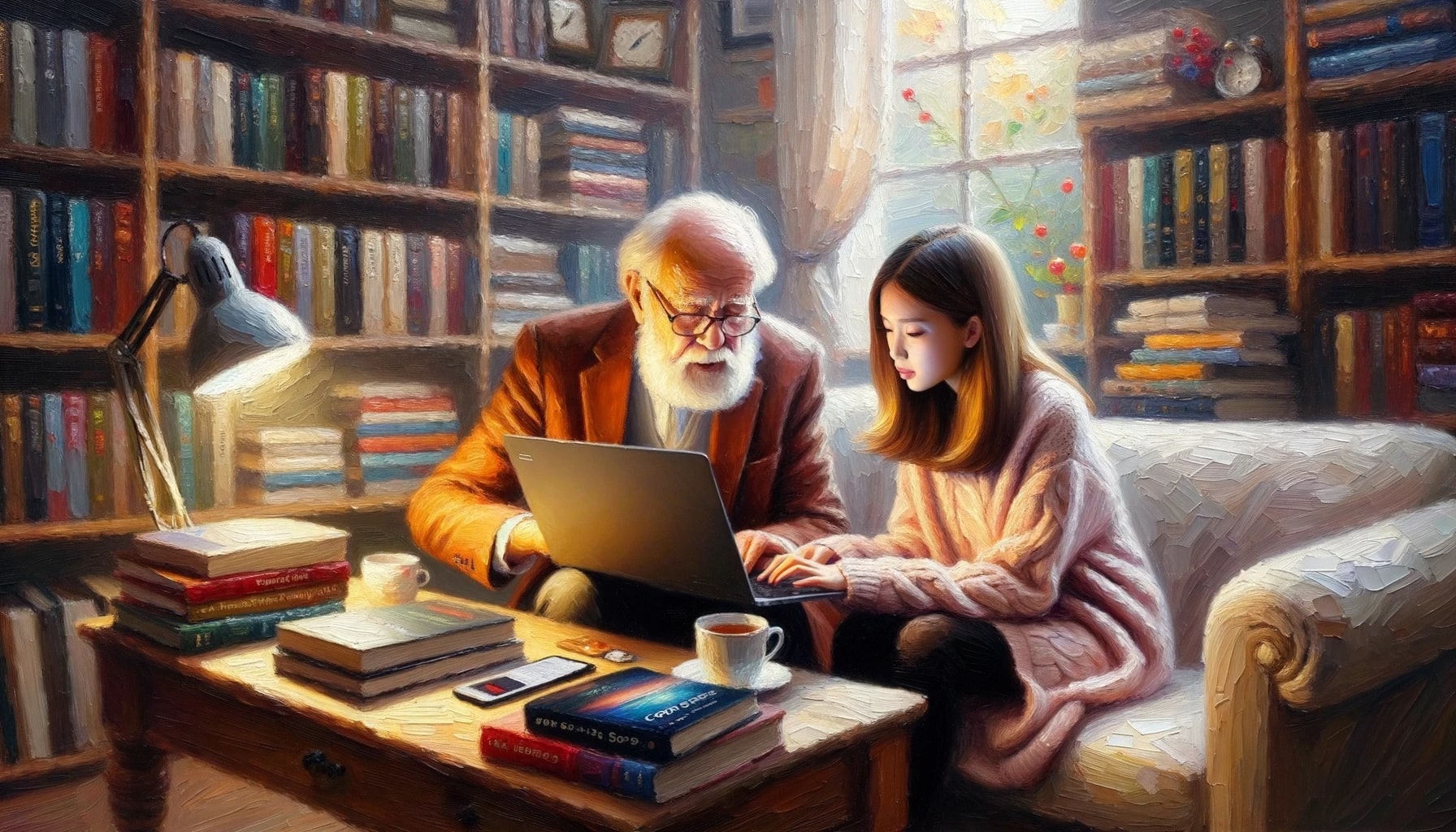 یک مرد مسن در حال یاد دادن برنامه‌نویسی به یک دختر جوان است.
