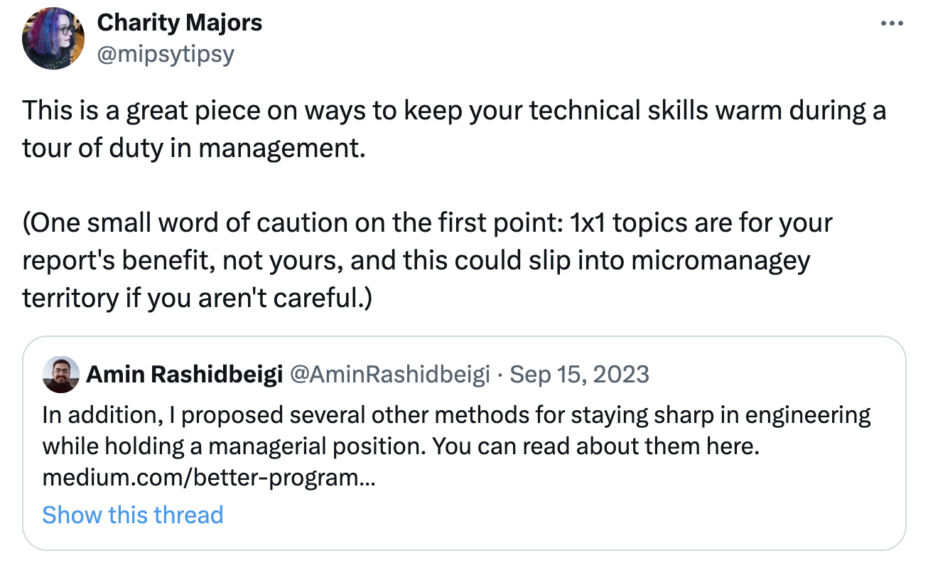 توییت مربوط به نوشتهٔ How Engineering Managers Can Avoid Technical Decay