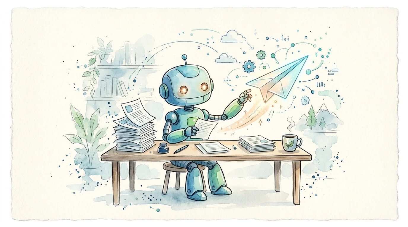 A watercolor illustration of a small robot at a desk sorting blog posts and sending one off as a paper airplane